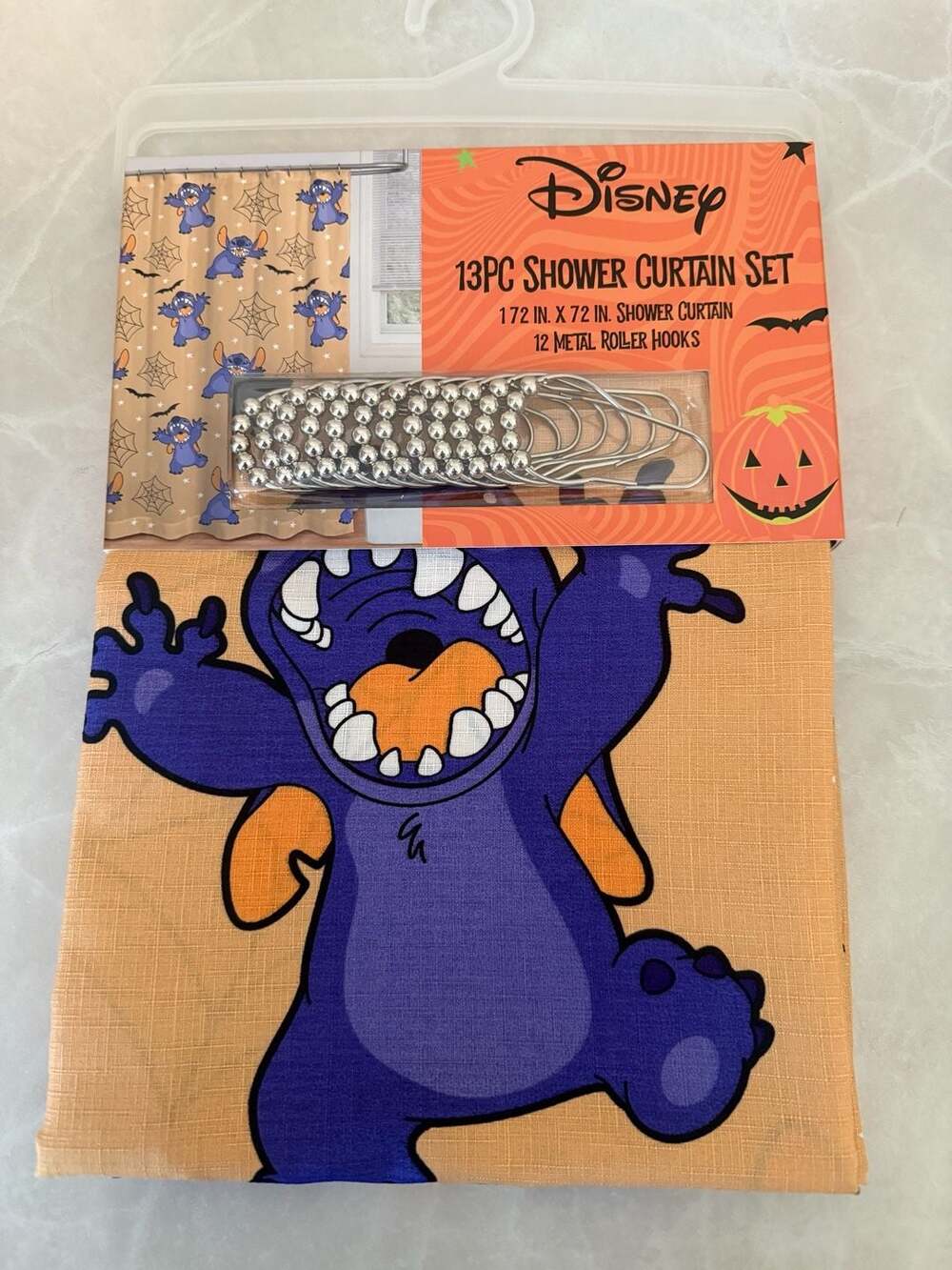 Disney 13PC Stitch Halloween Shower Curtain Set with Metal Roller Hooks